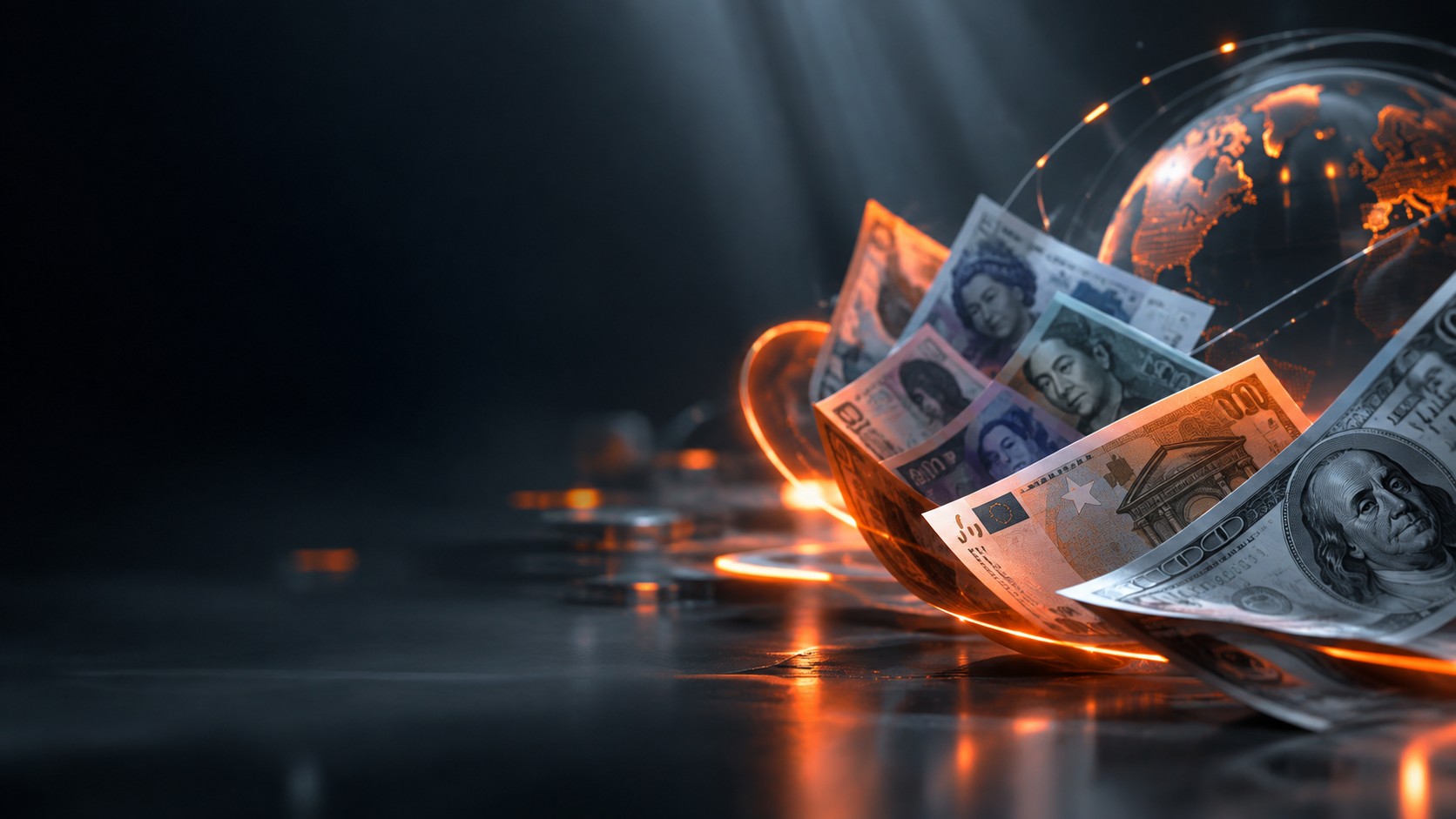 Artful spread of international banknotes with no readable text shallow depth of field