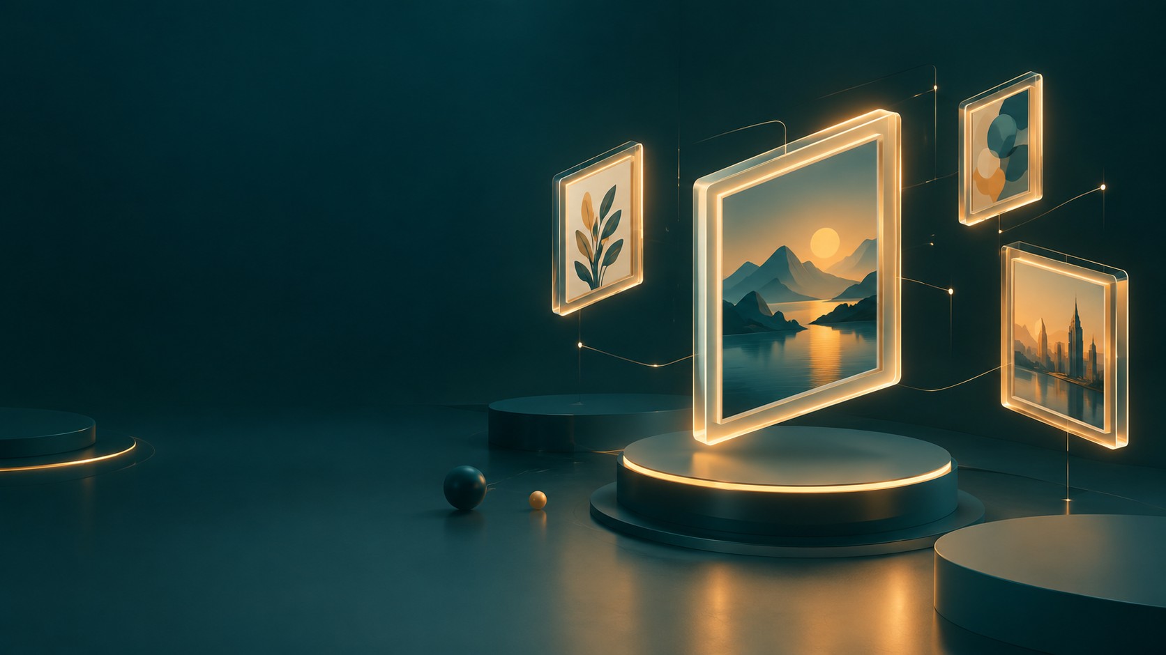 Floating digital art frames made of light in a virtual gallery