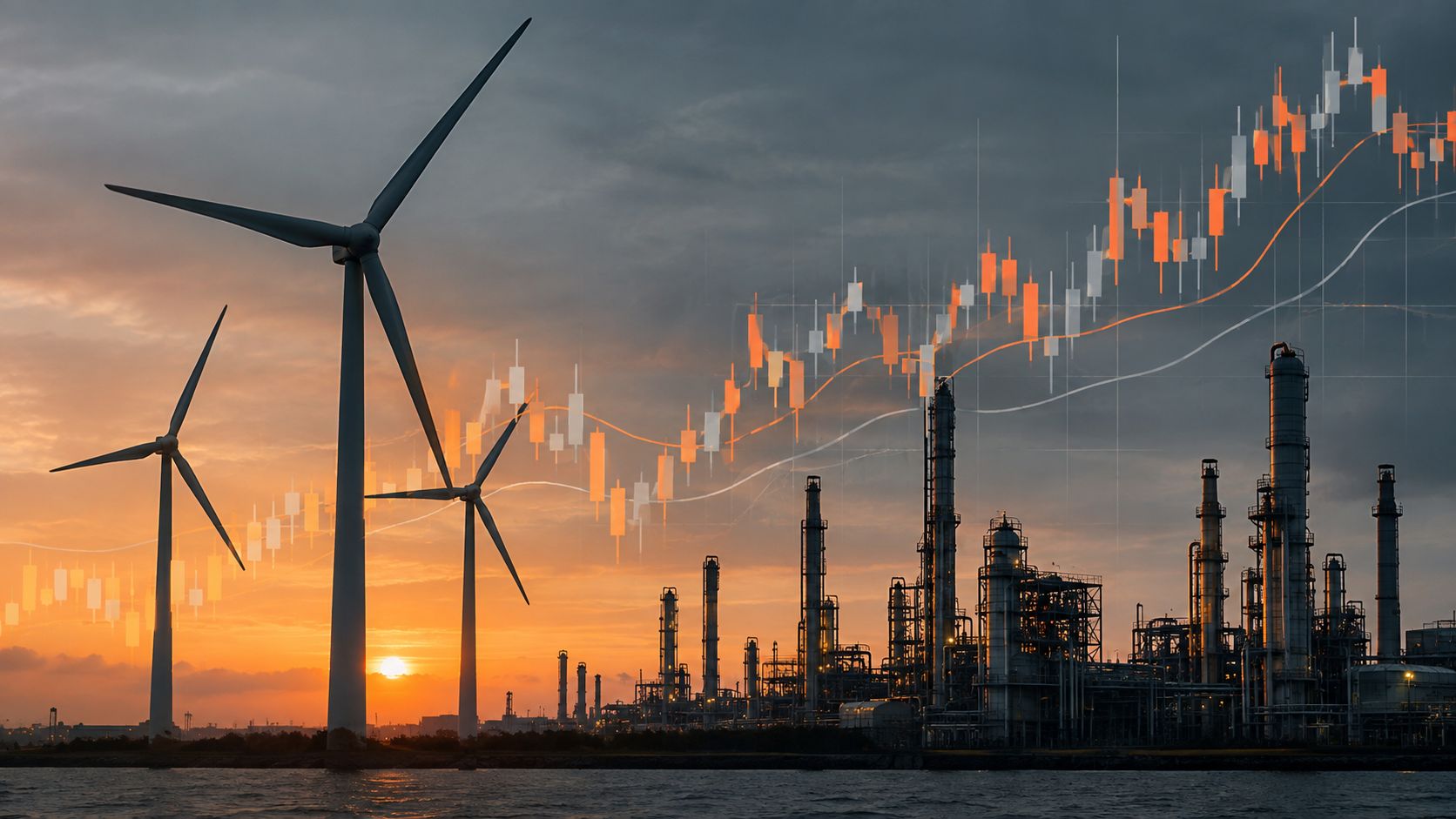 Wind turbines and oil refinery silhouettes merged with a stock chart