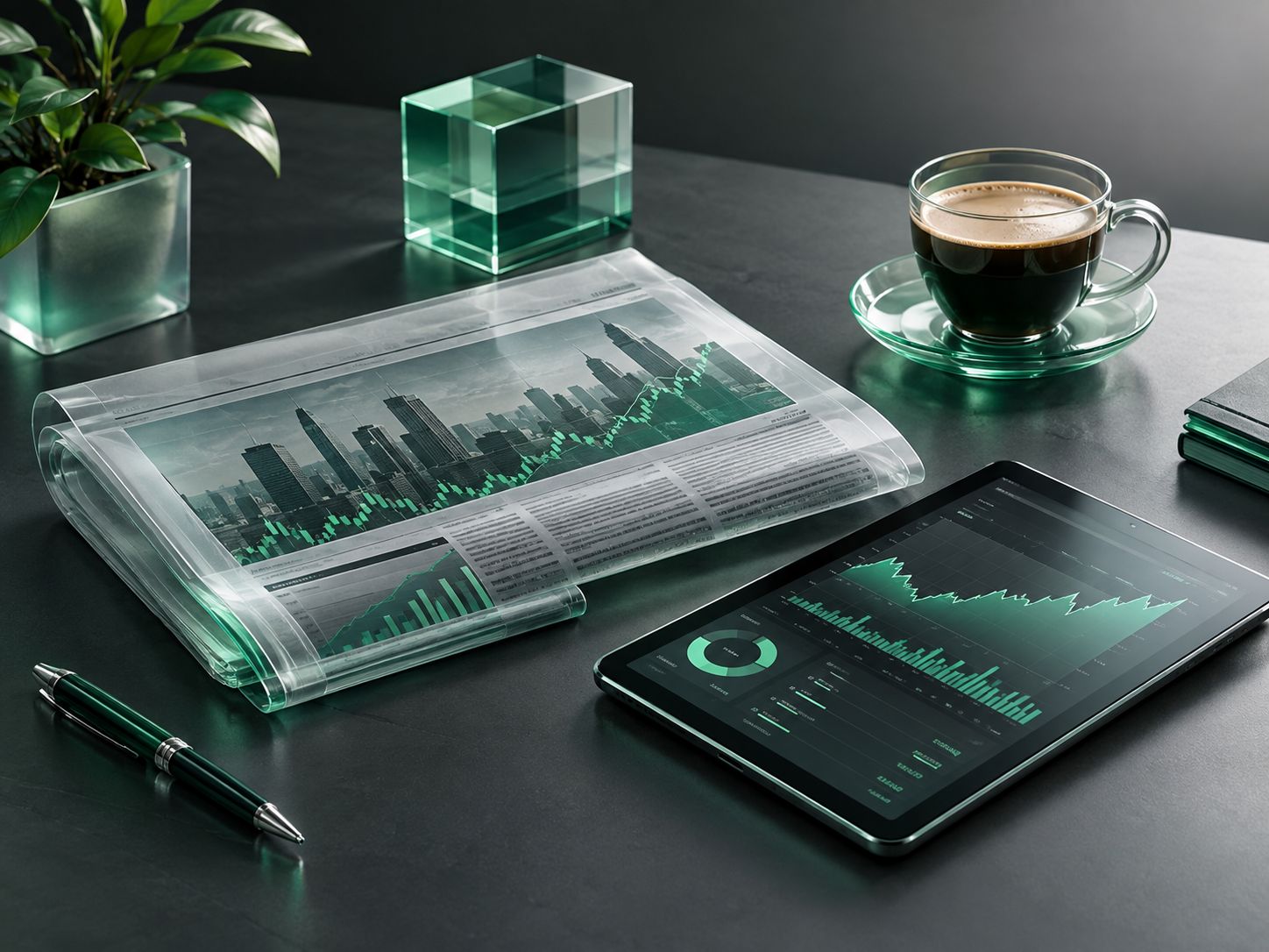 Financial newspaper tablet with charts and coffee on a desk