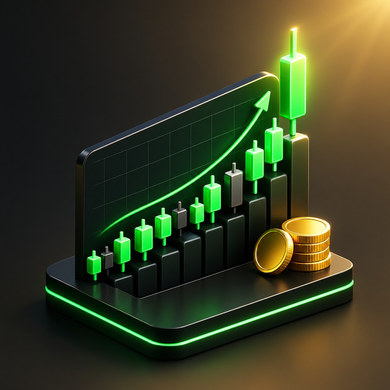 Dramatic crypto price chart with sharp green candles breaking upward