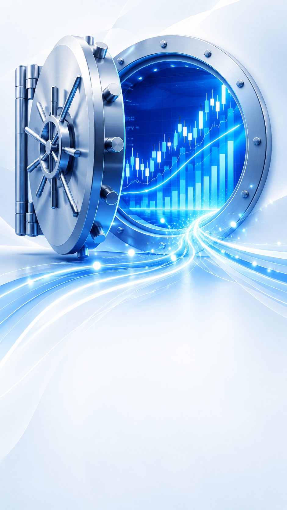 Bank vault door opening to reveal glowing stock charts